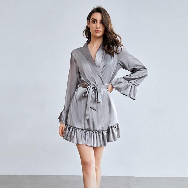 

1pc Flounce Sleeve Ruffle Hem Belted Satin Robe, Grey