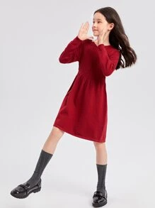 SHEIN 女孩素色麻花編織毛衣洋裝 - 酒紅色 - 查看 3