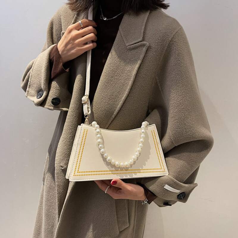 

Faux Pearl Beaded Satchel Bag, Beige