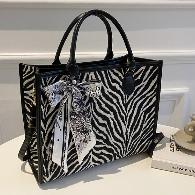 

Zebra Striped Tote Bag, Black and white