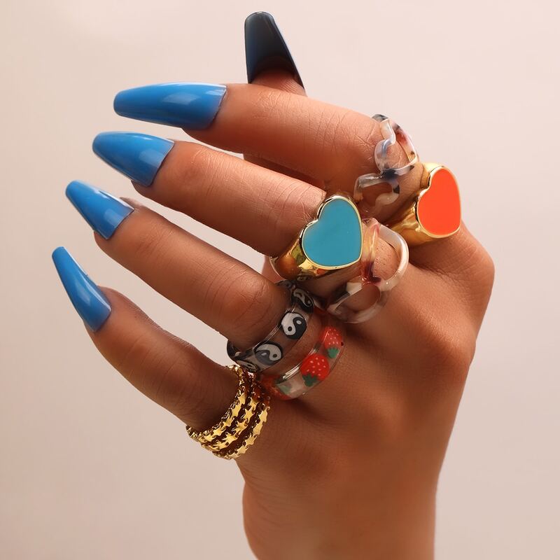 

9pcs Heart Decor Ring, Multicolor