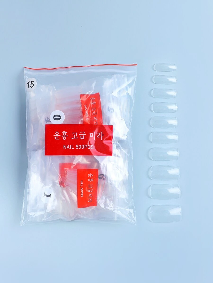 Eleve su estilo con una bolsa de 500 piezas de uñas postizas extendidas de resina cuadrada larga transparente para mujeres y niñas - transparente - Ver 1