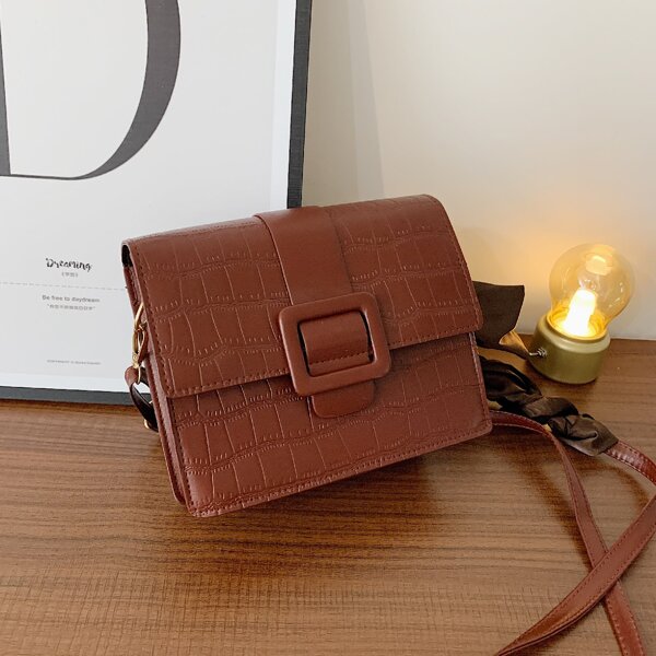 

Croc Embossed Buckle Decor Crossbody Bag, Burgundy