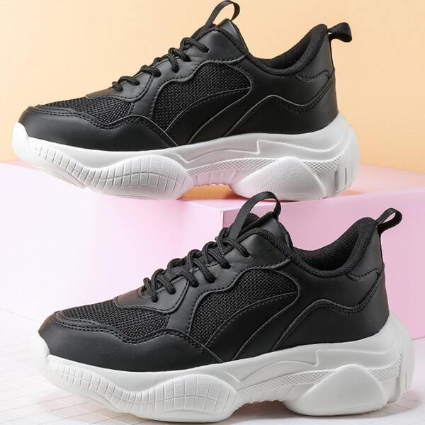 

Minimalist Mesh Panel Lace Up Front Sneakers, Black