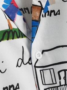 CovetEZ Plus Cartoon Graffiti Print Crop Blouse For Summer - Multicolor - View 4