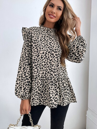 SHEIN LUNE Leopard Bishop Sleeve Ruffle Hem Blouse,Ladies Casual Ruffle,Ruffle Hem,Ruffle Neck Long Sleeve Stand Collar Regular Fit Long Multicolor Bishop Sleeve Peplum Women Blouses,Spring/Fall ,Casual Daily Wear Peplum Top