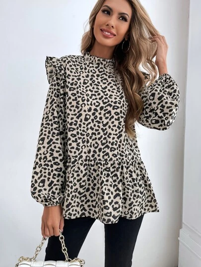 SHEIN LUNE Leopard Bishop Sleeve Ruffle Hem Blouse,Ladies Casual Ruffle,Ruffle Hem,Ruffle Neck Long Sleeve Stand Collar Regular Fit Long Multicolor Bishop Sleeve Peplum Women Blouses,Spring/Fall ,Casual Daily Wear Peplum Top