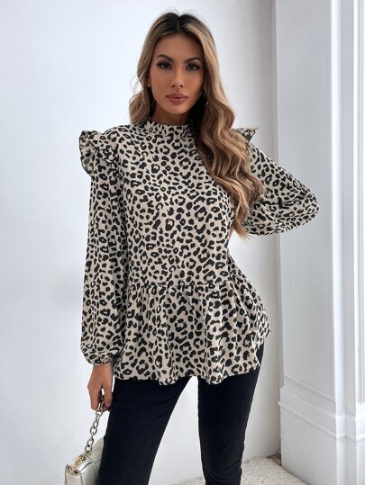 SHEIN LUNE Women's Elegant Beige Leopard Bishop Long Sleeve Blouse,Autumn Office Casual Stand Collar Ruffle Neck Peplum Top,Regular Fit Daily Wear Blouses