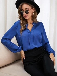 SHEIN Clasi Blusa de manga farol de cuello V - azul real - Ver 7