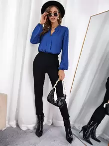 SHEIN Clasi Blusa de manga farol de cuello V - azul real - Ver 5