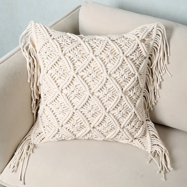 

Crochet Fringe Trim Cushion Cover Without Filler, Beige