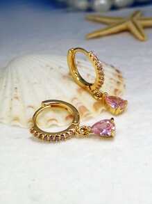 Cubic Zirconia Drop Earrings - Pink - View 2