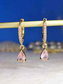 Cubic Zirconia Drop Earrings - Pink - View 3