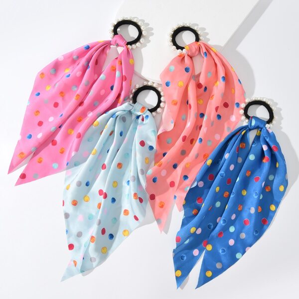 

4pcs Faux Pearl Decor Polka Dot Scarf Hair Tie, Multicolor