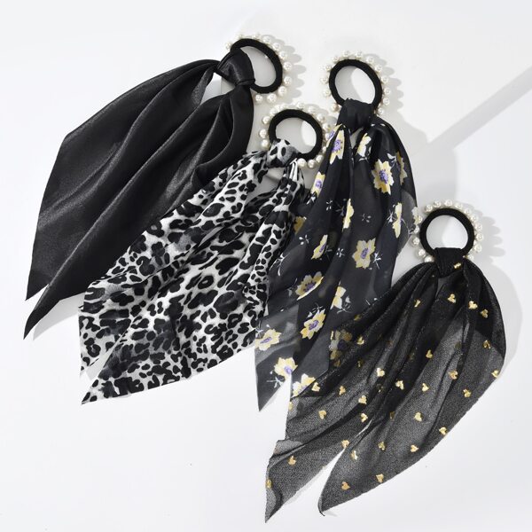 

4pcs Faux Pearl Decor Flower Print Scarf Hair Tie, Multicolor