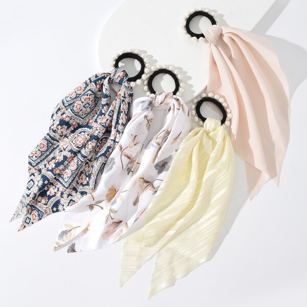 

4pcs Faux Pearl Decor Scarf Hair Tie, Multicolor