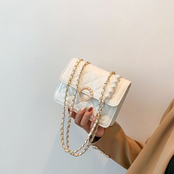 

Faux Pearl Decor Quilted Shoulder Bag, White