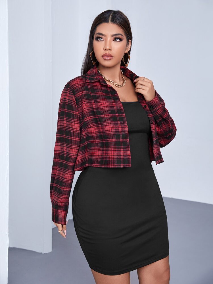 SHEIN SXY 大碼蘇格蘭格紋襯衫和緊身洋裝 - 彩色 - 查看 5