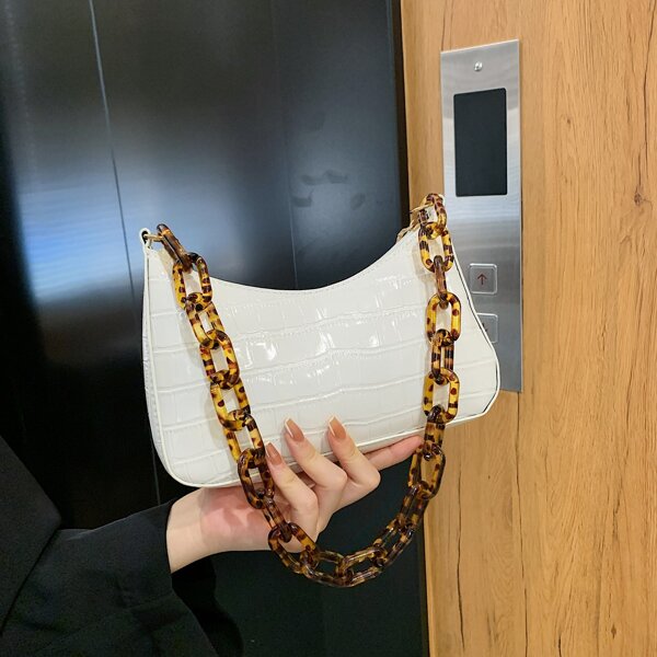 

Croc Embossed Chain Baguette Bag, White