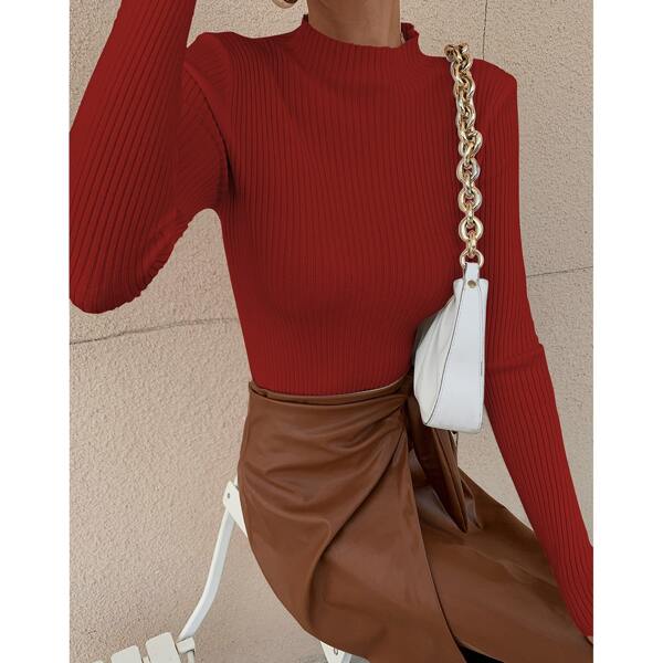 

Mock Neck Rib-knit Solid Sweater, Red