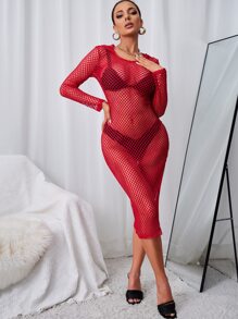 SHEIN SXY Sheer Mesh Fitted Hooded Dress - Red - View 1