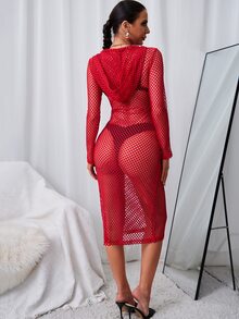 SHEIN SXY Sheer Mesh Fitted Hooded Dress - Red - View 2
