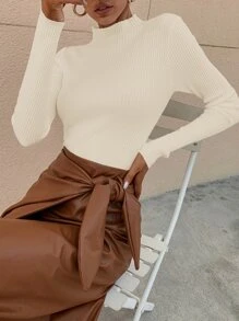RueChic 小高領羅紋針織素色套頭毛衣 - 杏色 - 查看 3