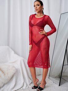 SHEIN SXY Sheer Mesh Fitted Hooded Dress - Red - View 4