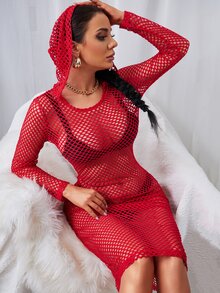 SHEIN SXY Sheer Mesh Fitted Hooded Dress - Red - View 6