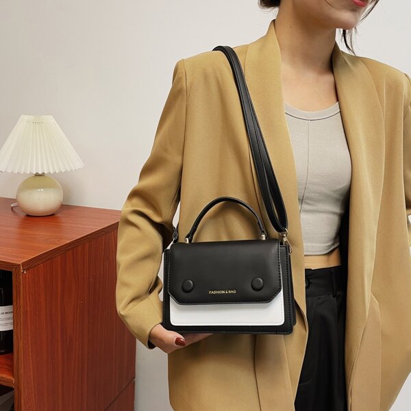 

Two Tone Flap Satchel Bag, Black and white