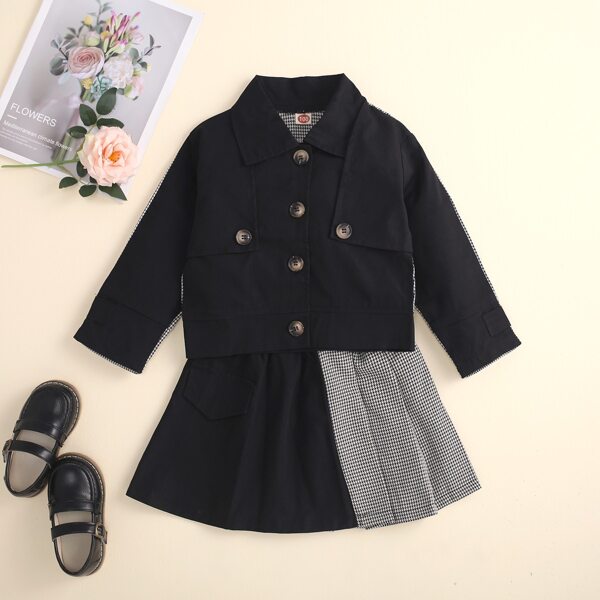 

Toddler Girls Houndstooth Spliced Trench Coat & Pleated Skirt, Black and white