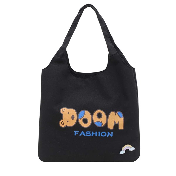 

Cartoon & Letter Graphic Shopper Bag, Black