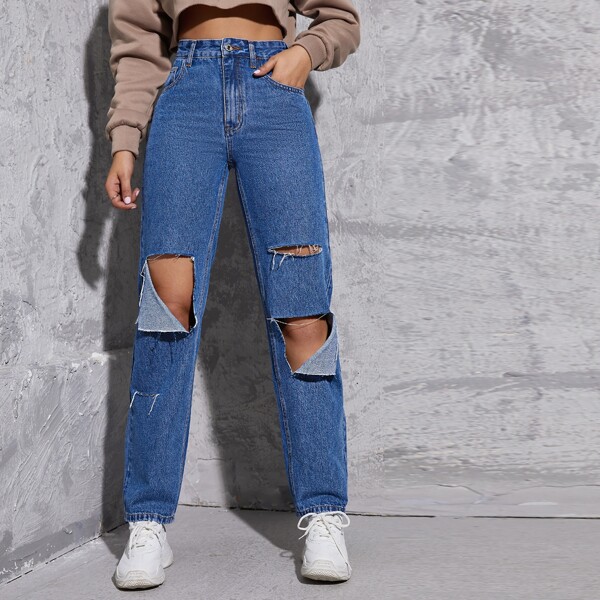 

Slant Pocket Ripped Cut Out Jeans, Medium wash