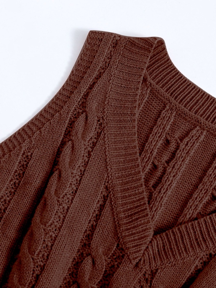 SHEIN Unity Cable Knit Sweater Vest - Coffee Brown - View 4