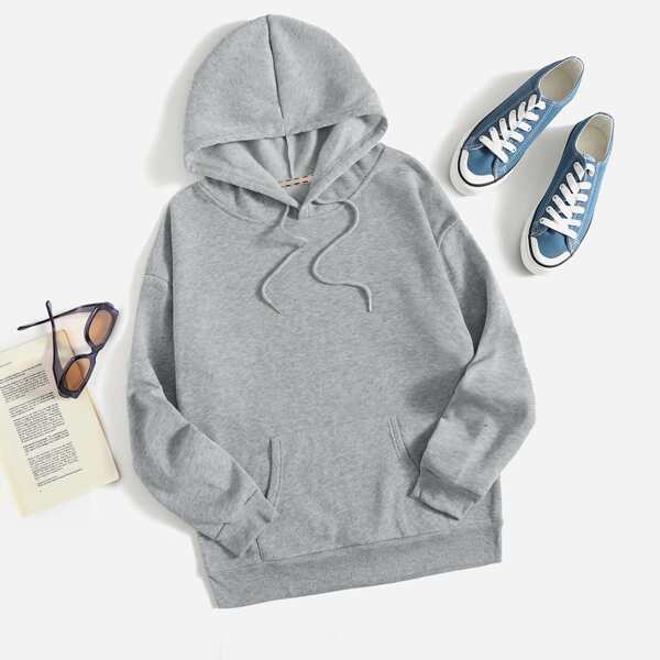 

Solid Drawstring Kangaroo Pocket Drop Shoulder Hoodie, Light grey
