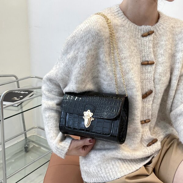 

Push Button Croc Embossed Flap Square Bag, Black
