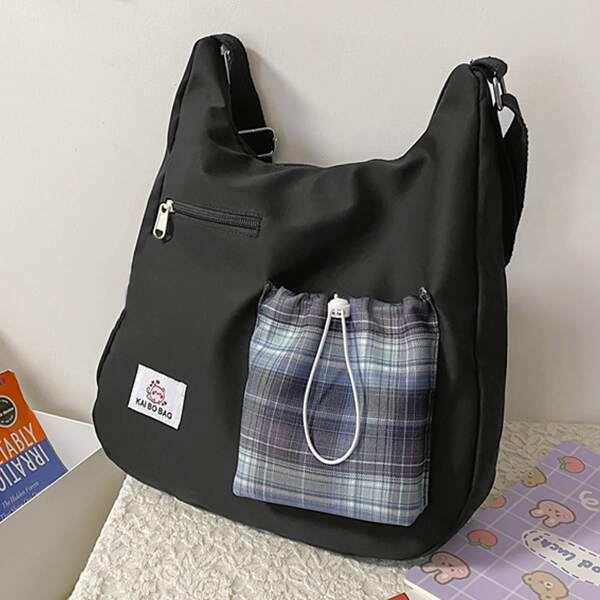 

Letter Patch Large Capacity Crossbody Bag, Black