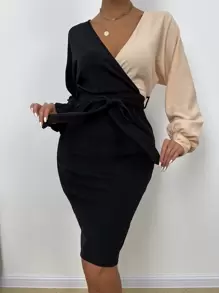 SHEIN Privé Đầm Thắt lưng Buộc lại Khối Màu Thanh lịch - Màu be - Xem 4