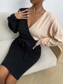 SHEIN Privé Đầm Thắt lưng Buộc lại Khối Màu Thanh lịch - Màu be - Xem 5