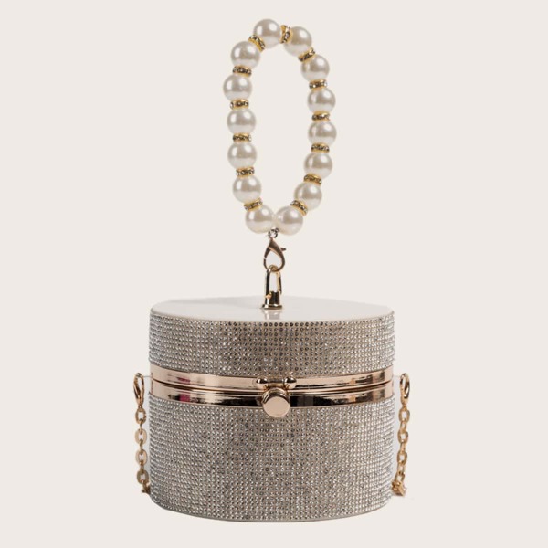 

Rhinestone & Faux Pearl Decor Box Bag, Silver