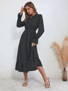 Đầm Ren lên Viên lá sen Chấm bi Thanh lịch - màu đen - Xem 1