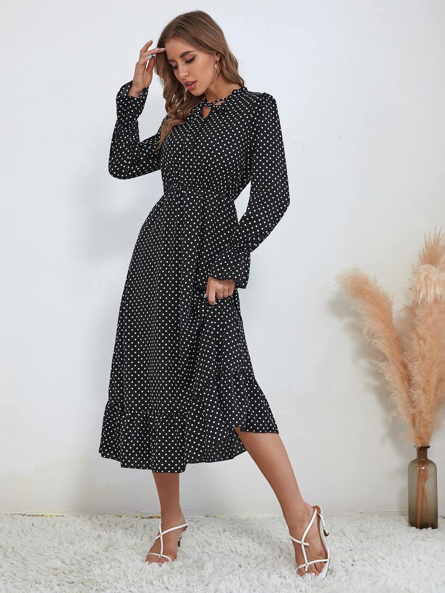 Đầm Ren lên Viên lá sen Chấm bi Thanh lịch - màu đen - Xem 1