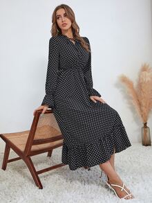 Đầm Ren lên Viên lá sen Chấm bi Thanh lịch - màu đen - Xem 3