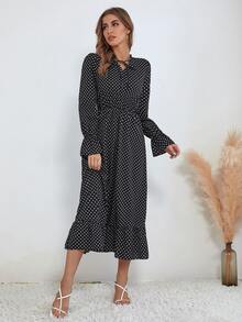 Đầm Ren lên Viên lá sen Chấm bi Thanh lịch - màu đen - Xem 4