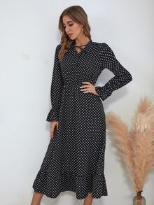 Đầm Ren lên Viên lá sen Chấm bi Thanh lịch - màu đen - Xem 5