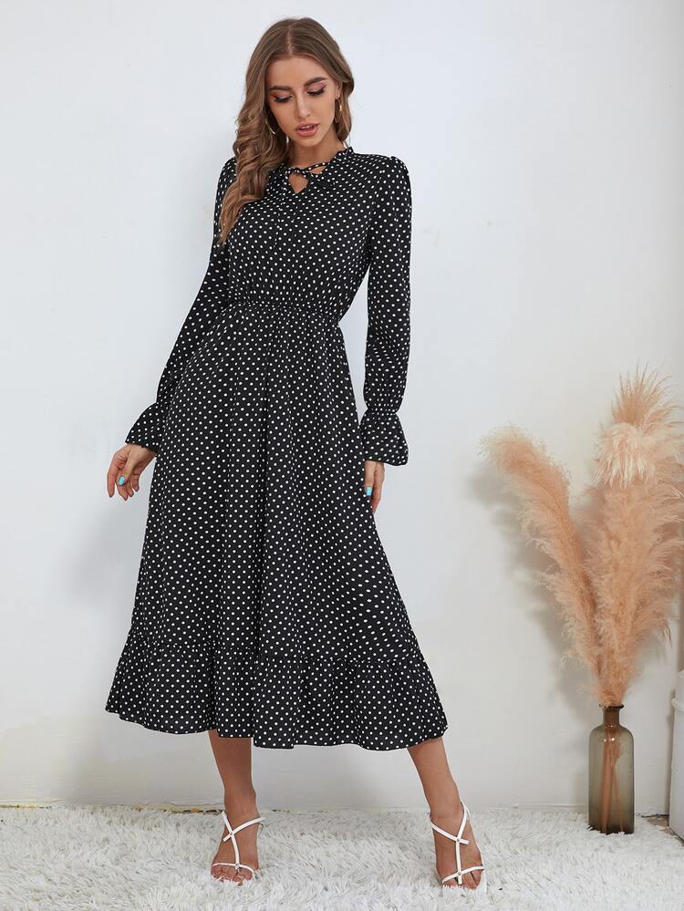 Đầm Ren lên Viên lá sen Chấm bi Thanh lịch - màu đen - Xem 7