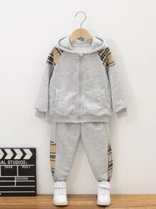 小男童格紋印花拉鏈連帽衫和衛褲 - 灰色 - 查看 1