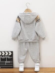 小男童格紋印花拉鏈連帽衫和衛褲 - 灰色 - 查看 2