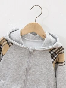 小男童格紋印花拉鏈連帽衫和衛褲 - 灰色 - 查看 6