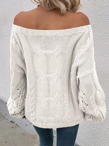 Off Shoulder Cable Knit Jumper - White - View 2